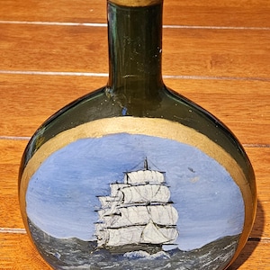 Original Hand Painted Nautical Bottle Art, Rare Vintage Haig Dimple Glass Diorama, One of a Kind Maritime Folk Art Decor