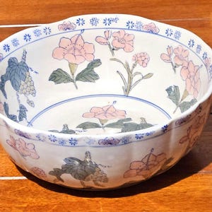 Antique Chinese Porcelain Bowl • Hand Painted Peony Floral • Large Decorative Vintage Bowl image 3