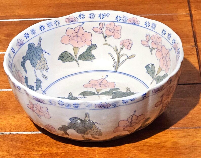 Antique Chinese Porcelain Bowl • Hand Painted Peony Floral • Large Decorative Vintage Bowl image 3