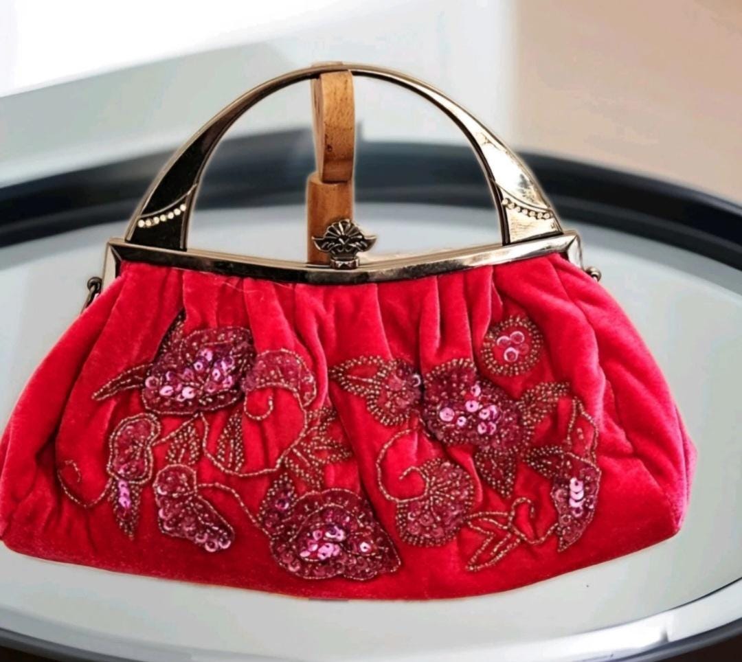 Y2K Mauve Pink Velvet Embroidered Beaded Handbag With Metal Handle
