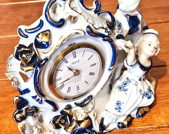 Vintage Telock Linden Porcelain Mantel Clock Alarm Blue White
