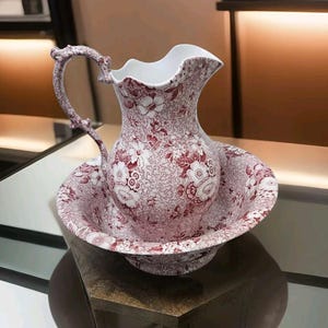 Rare Antique Spode Archive Collection Pink Primula' Extra Large Pitcher Jug And Washing Bowl