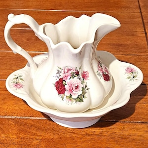 Vintage Kernewek Goonhavern Cornwall Pottery Wash Basin and Pitcher Jug Set, Cornish Ceramic Floral Pink Rose Water Bowl,