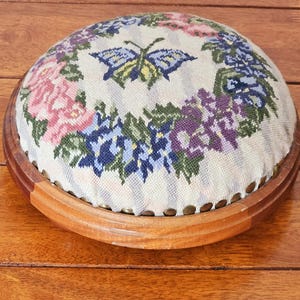 Antique Victorian Walnut Footstool: Floral Tapestry Needlepoint,Flowers and Butterfly