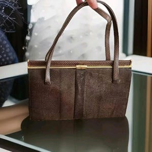 Vintage 50s  Lizard Skin Purse Brown Frame Structured  Formal Handbag With Goldem  Clasp