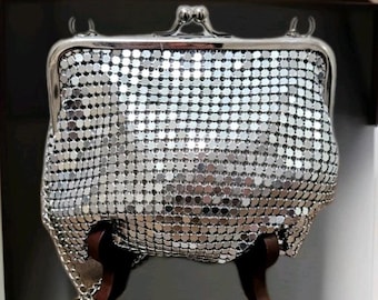 Borsa a tracolla antica Art Déco in maglia d'argento del 1920, borsa da sera per feste di nozze