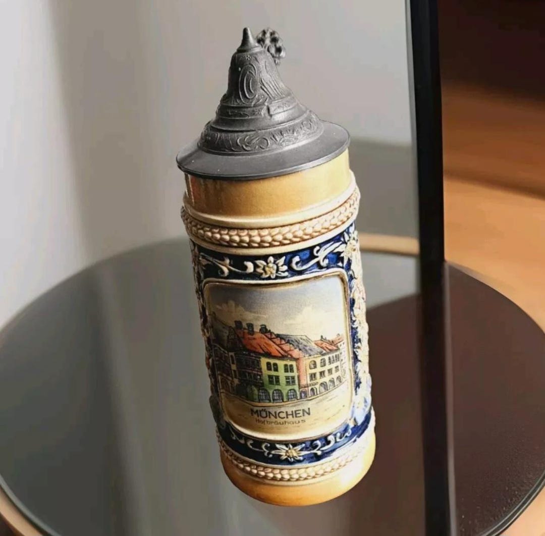 Monchen German Hand Painted Ceramic Beer Stein Mug Octoberfest Monchen Pewter ...