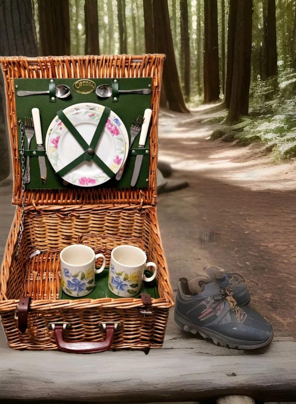 ヴィンテージ籐ピクニックバスケットセット（2人用）：花柄