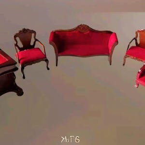 Antique Gothic Style  Doll House Furniture Red Velvet Lining Sofa Desk Chairs Armchair