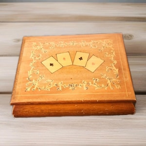 Vintage Handmade Playing Cards Inlaid Wooden Box With Set Of Cards Stena Sealink Poker Rummy Hearts Spades Pack of 2