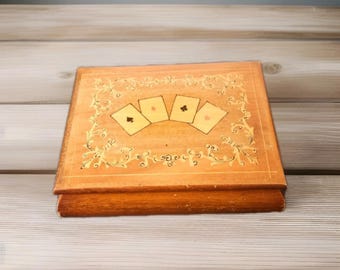 Vintage Handmade Playing Cards Inlaid Wooden Box With Set Of Cards Stena Sealink Poker Rummy Hearts Spades Pack of 2