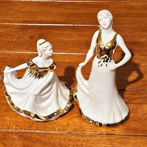 Vintage Staffordshire Miton China Figuren Tonya und Jackie Art Deco Weißgold Porzellan Lady Statuen Set