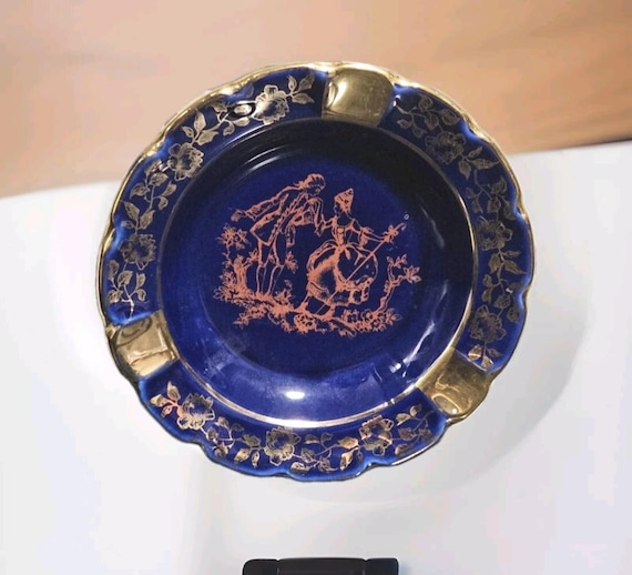 Limoges France Cobalt Blue Embossed With 22k Gold Porcelaine D'art