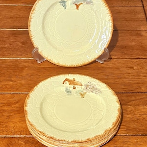 Vintage handmålad Keele Street keramik Staffordshire Cottage Ware set med 6 bröd- och smörtallrikar ofärgade