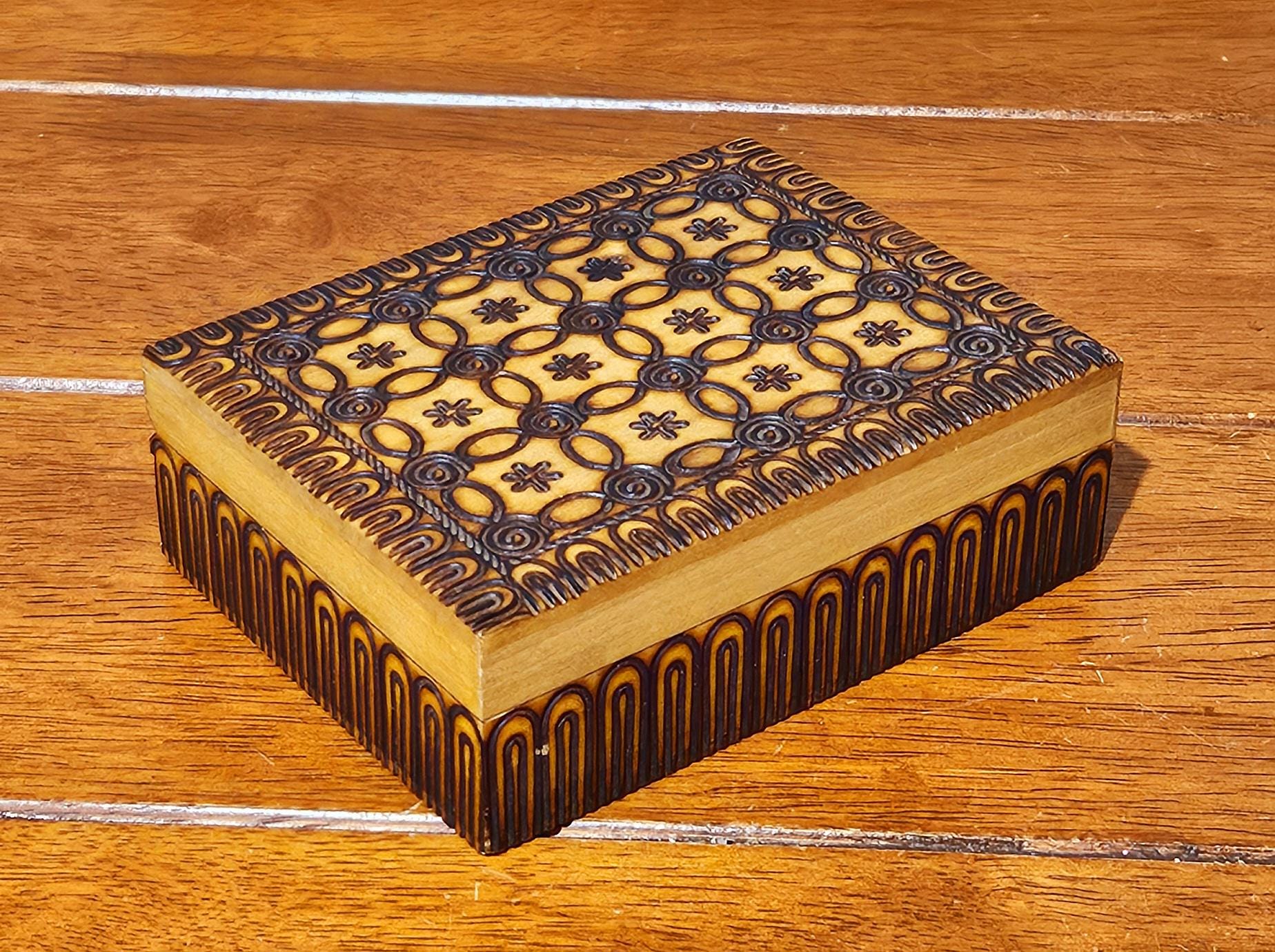 Vintage Polish Folk Art Pokerwork Wood Trinket Box Hand Carved Jewelry Keepsake