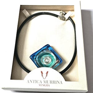 Antica Murrina Necklace Murano Handmade and Handpainted Glass Blue Pendant Thick Black Rubber Cord