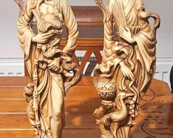 Antique Japanese Oriental Resin Sculpture Pair – Man & Lady Figures – 50cm Vintage Decor Heavy