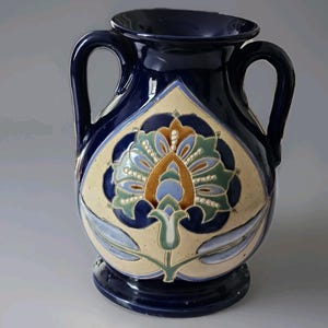 Studio Pottery Art Nouveau Vase: Cobalt Blue Floral, Hand-Painted