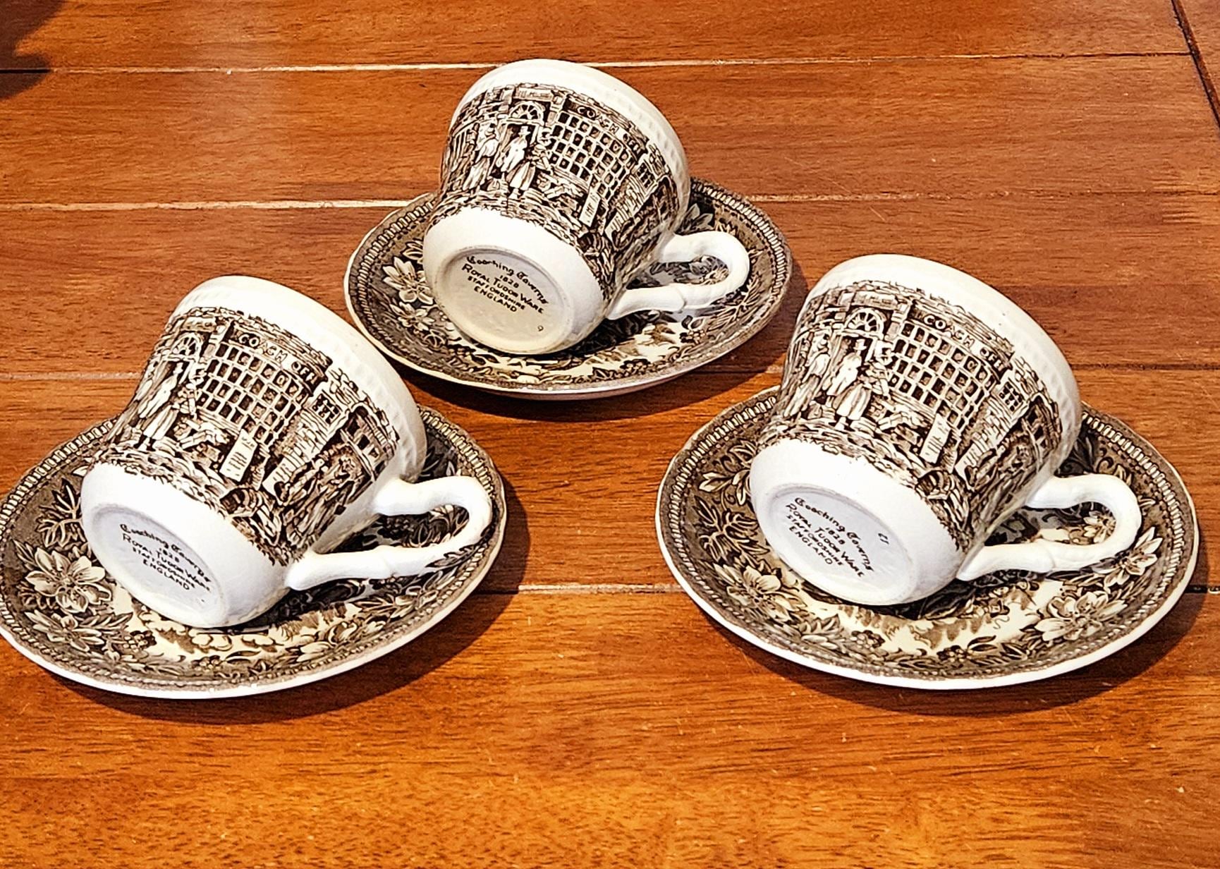 Royal Tudor Ware Coaching Taverns Brown (1828) Cups and Saucers
