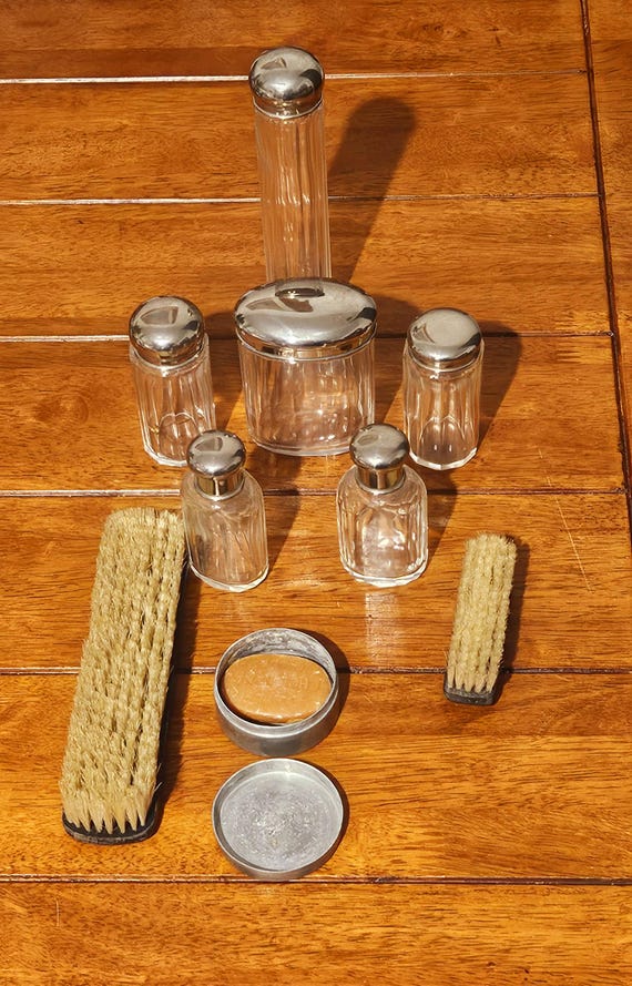 Vintage Art Deco Silver Plated Men’s Grooming Set – Glass Bottles, Brushes, Soap Dish c.1930s Marked R