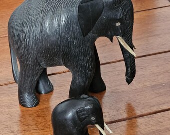 Antique Indian Elephant Mother with Baby Black Ebonized Wood Hand Carved Sculptures