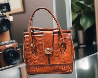 Bolso vintage marroquí de piel de los años 60: bolso con asa superior repujada