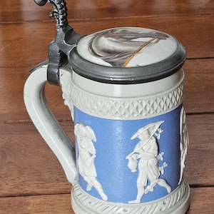 Antique Rare Mettlach German Beer Stein Tankard Nb 171 Villeroy & BochBlue with Cameo Pewter Lid with Horse on Lid