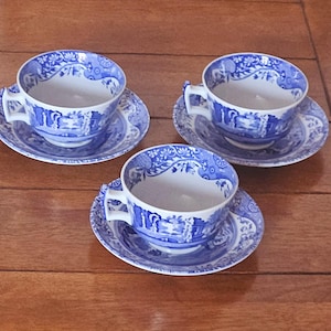 Spode Blue Italian Teacup and Saucer, Set of 3 Country Scene  Vintage