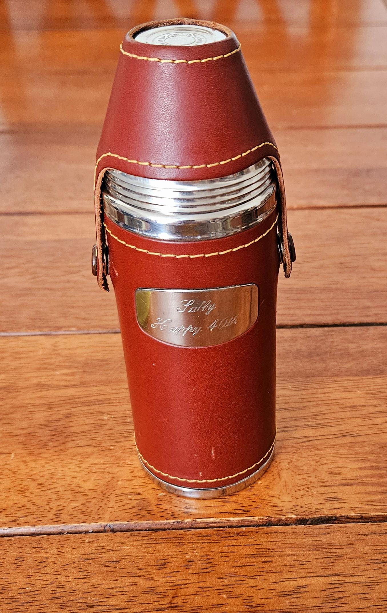 Vintage Leather Hunter Hip Flask 8oz Stainless Steel 4 Nesting
