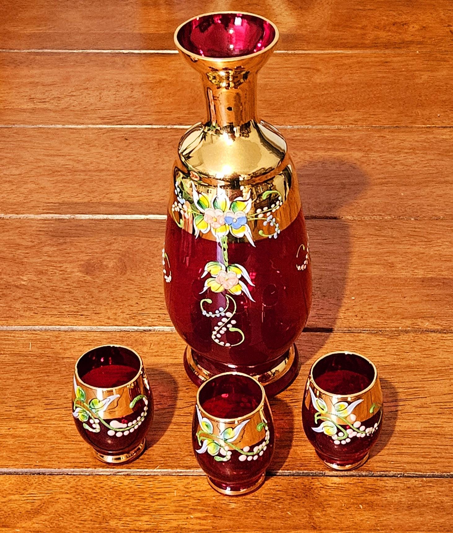 Hand Painted Ruby Red and Gold Venetian Murano Decanter Set - Etsy