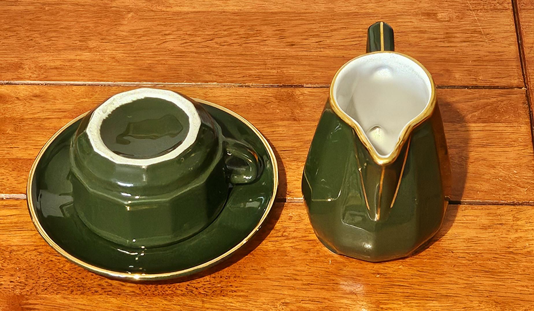 Apilco France Deshoulières Empire Green 22k Gold Set: 4 Trios