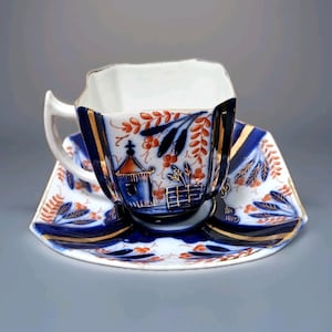 Antique Rare Imari Square Porcelain Cup & Saucer Marked 143 Signed Made In Germany Blue Orange Gold