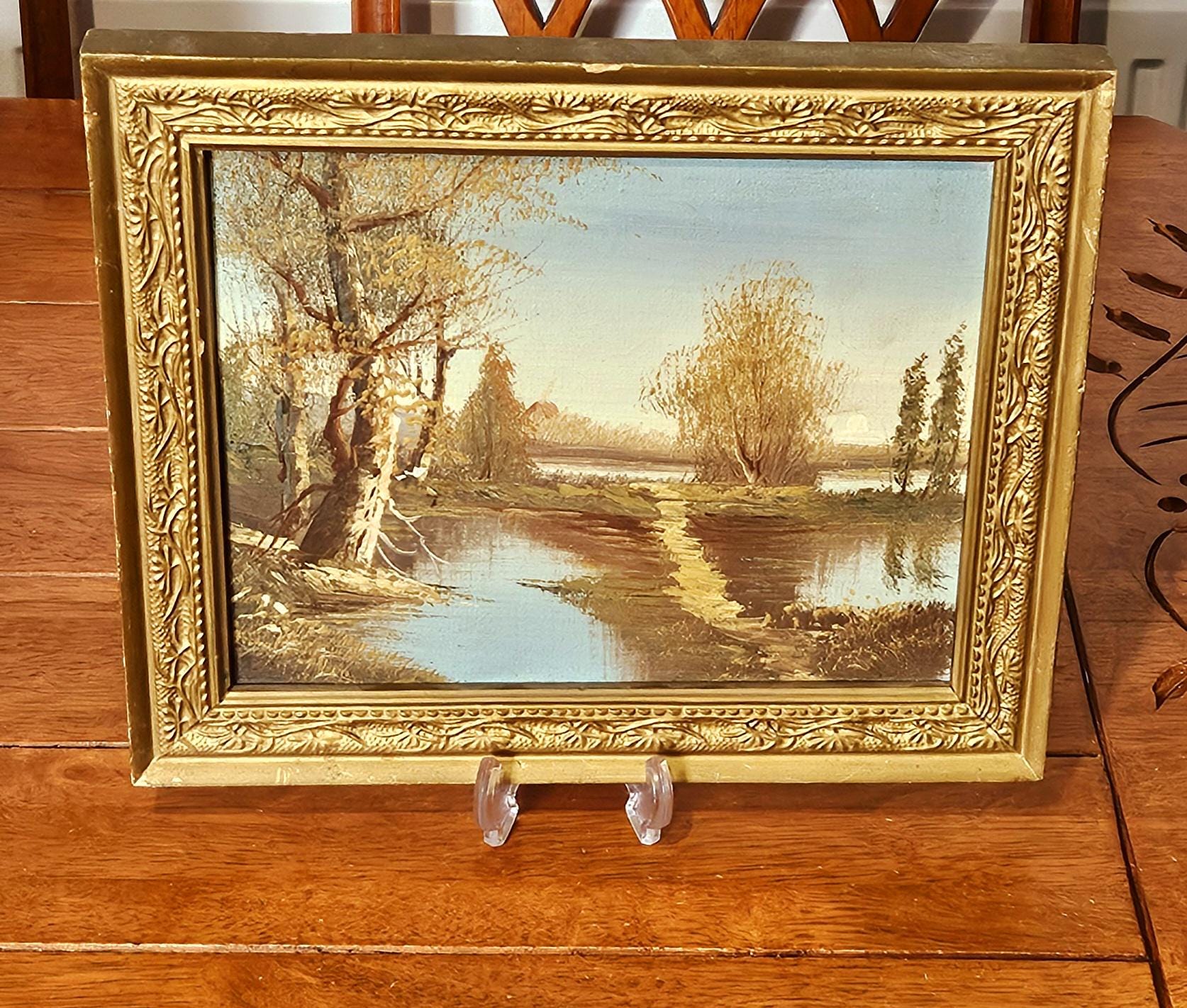 豪華！アンティーク絵画　油彩　アメリカ　森林と川風景画Antiqueヴィンテージ 豪華！アンティーク絵画 油彩 アメリカ 森林と川風景画Antique