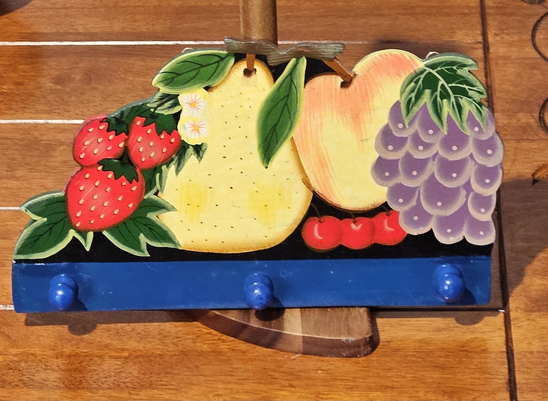Fruit Key Rack Vintage Wooden Fruit Key Holder – Wall-mounted With 3 Blue Hooks - Etsy