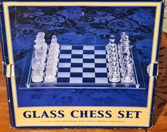 Glass Chess Set - 32 Frosted & Clear Pieces with Glass Board - Complete Boxed Set