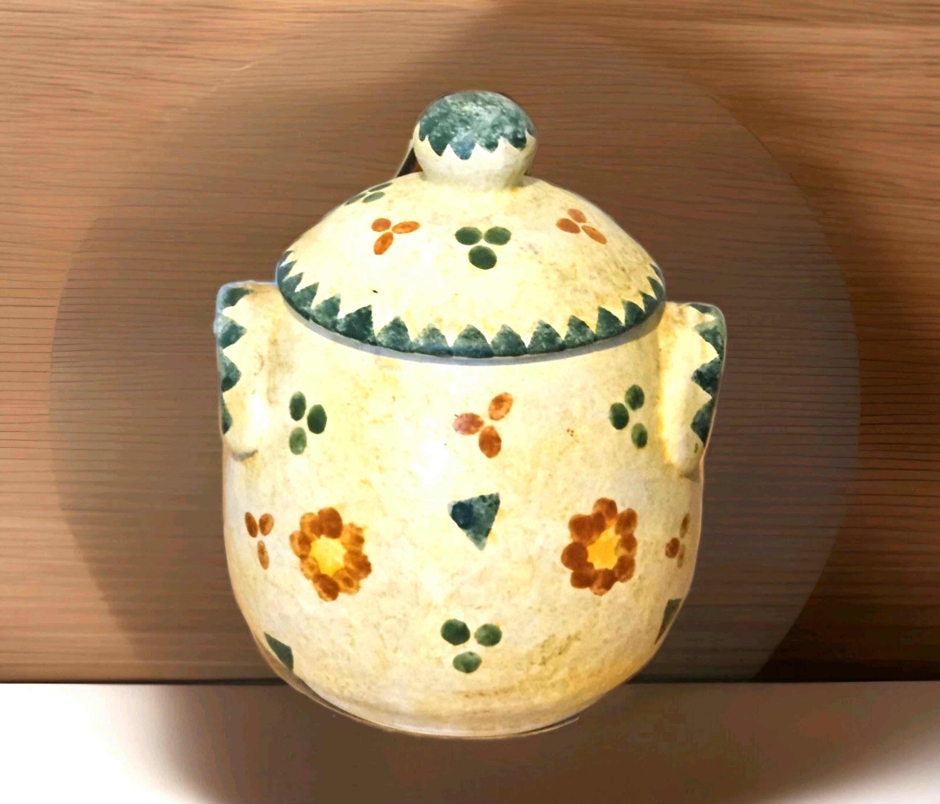 手描きの伝統的なポルトガルの陶器のトリオティーポット、シュガー 