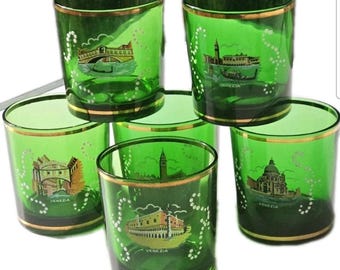6 X Vintage Italian Venice Handblown Emerald Green and Gold Souvenir Drinks Glasses