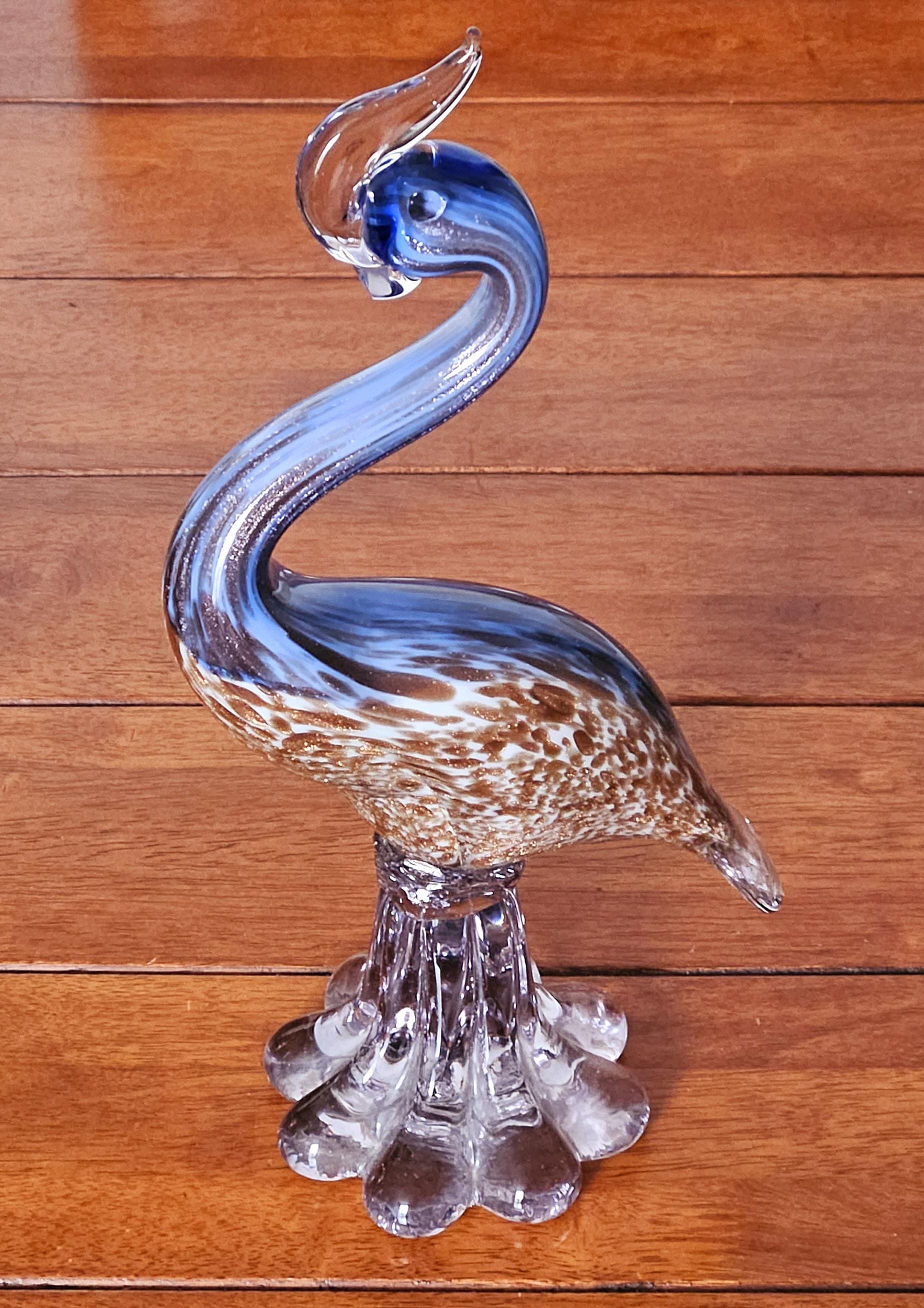 Vintage Murano Swan Art Glass Blue Swirl Gold Flecks 28 Cm Italy