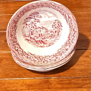 3 Vintage Barratts Staffordshire England Old Castle Pink Red Transferware Cereal Desert Soup Bowls