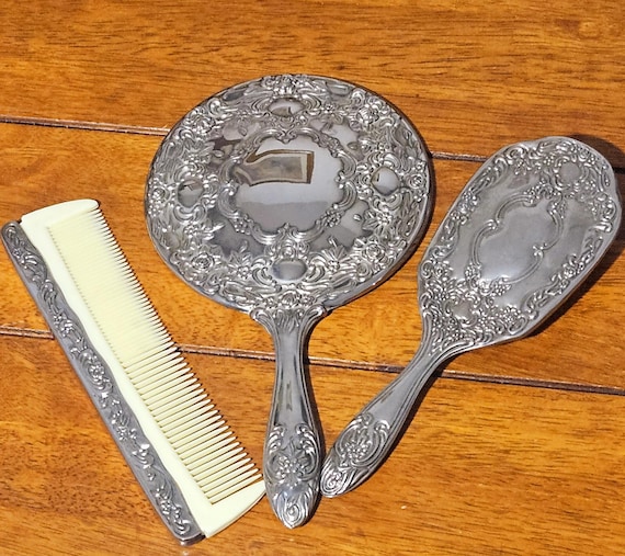 Ornate Silver Hand Mirror, Comb & Brush Vanity Set - Silver Plated and Ivory s-l400.jpg main image 2