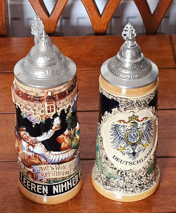 ピューター蓋付きヴィンテージドイツ製陶器製ビールジョッキ4個と蓋