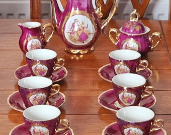 Vintage Burgundy Lustre Ebersbach Demitasse Tea Set: Gilded Porcelain Courting Couple, 1950s Germany
