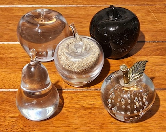 Vintage Mid Century Hand Blown Glass & Crystal Fruit Paperweights – Apples and Pear