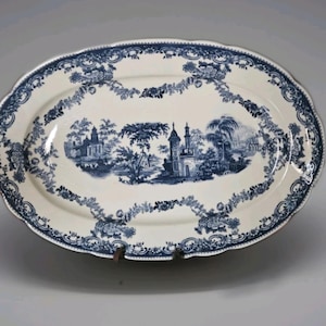 Antique 19th Century Staffordshire Pottery Ironstone  Blue & White Large Meat Serving  Platter Village Church Scene Large Turkey Platter