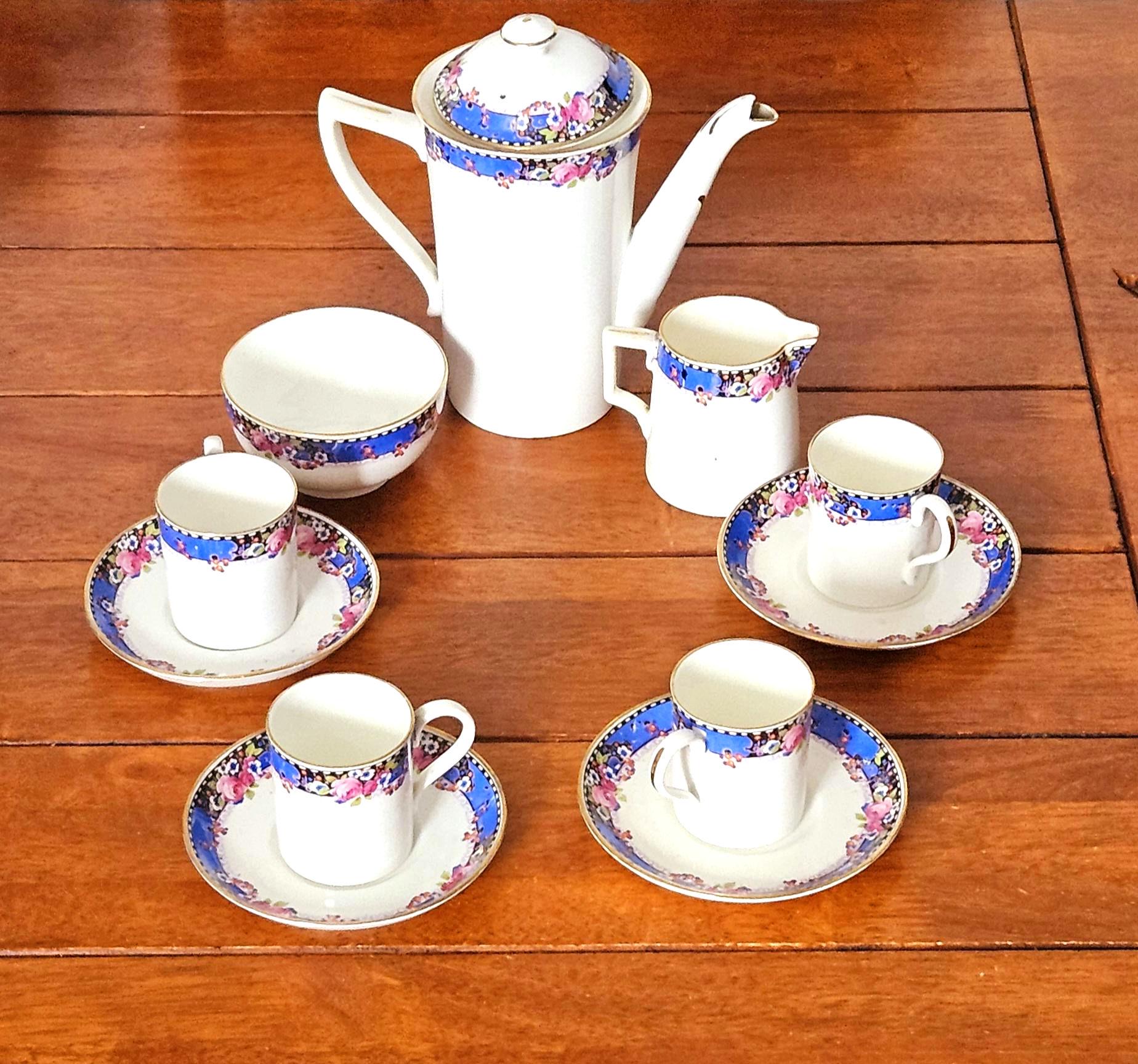 Antique Radfords Crown China Demitasse Coffee Set, Cobalt Blue