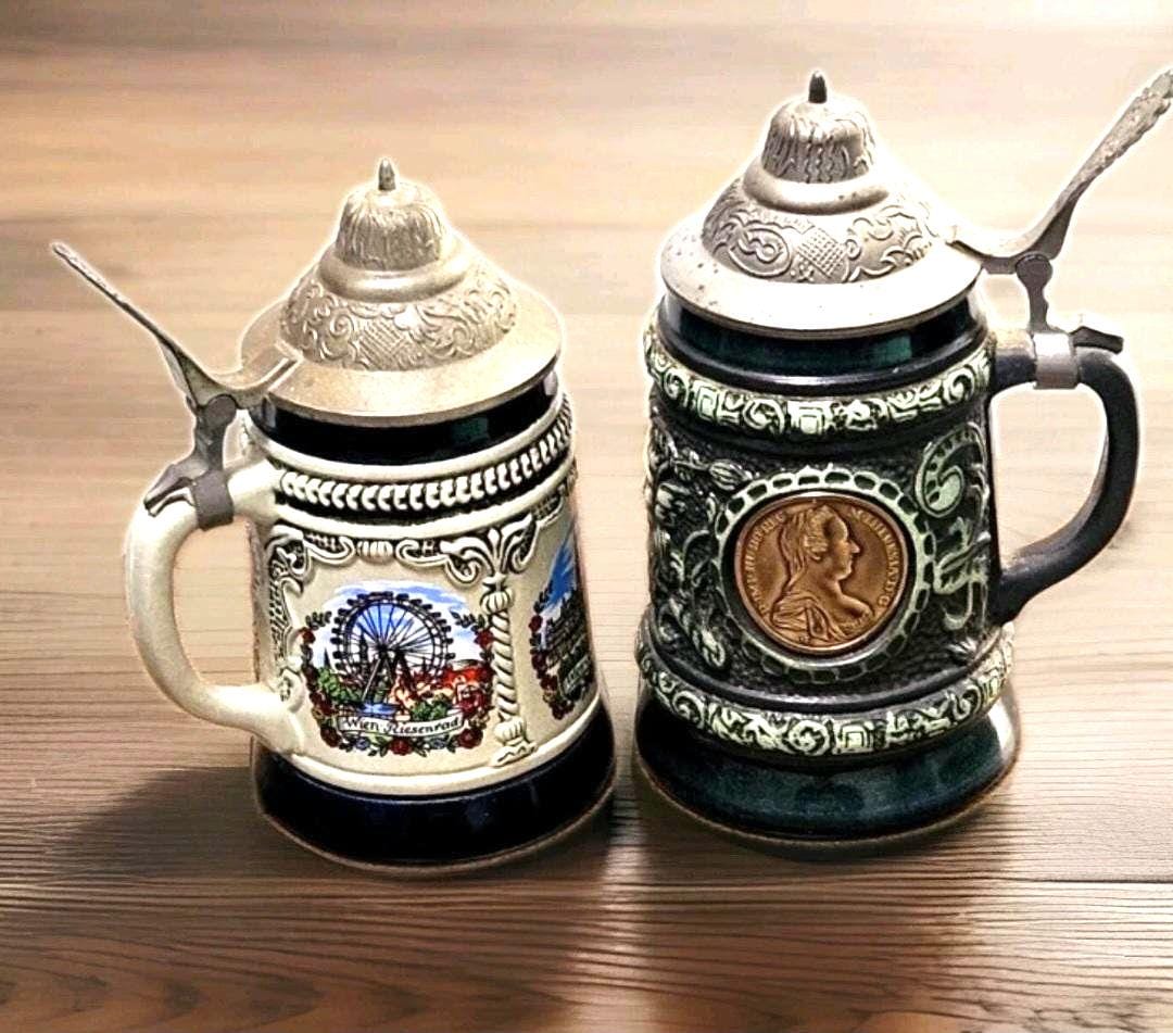 ヴィンテージドイツビールジョッキセット：キングカイザー蓋付き