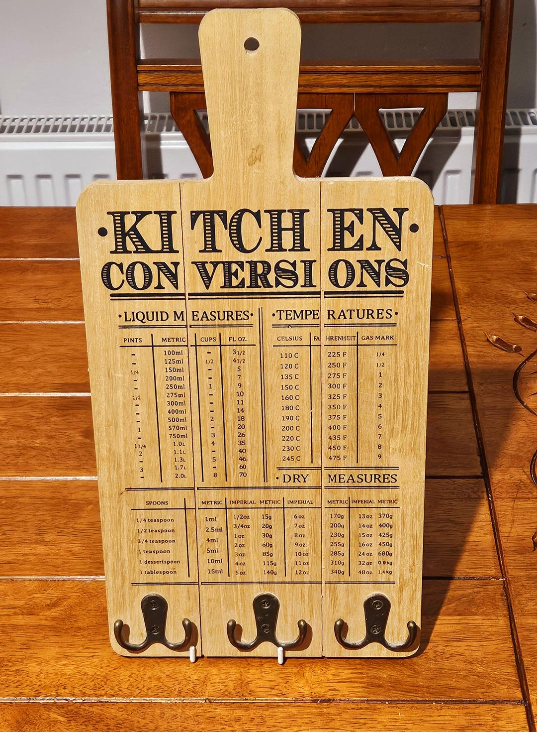 Wooden Kitchen Conversion Chart Cutting Board With Hooks, Wall Hanging ...