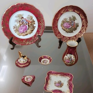 Juego de baratijas vintage de Limoges Fragonard: decoración de pareja de enamorados en rojo y dorado