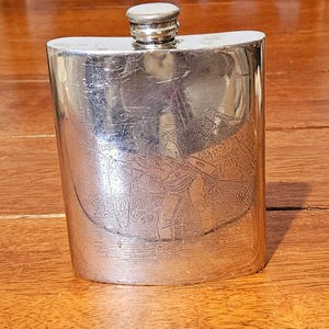 Vintage Sheffield British Pewter Pewter Hip Flask, Fly Fisher Scene, 6oz, Pocket UK