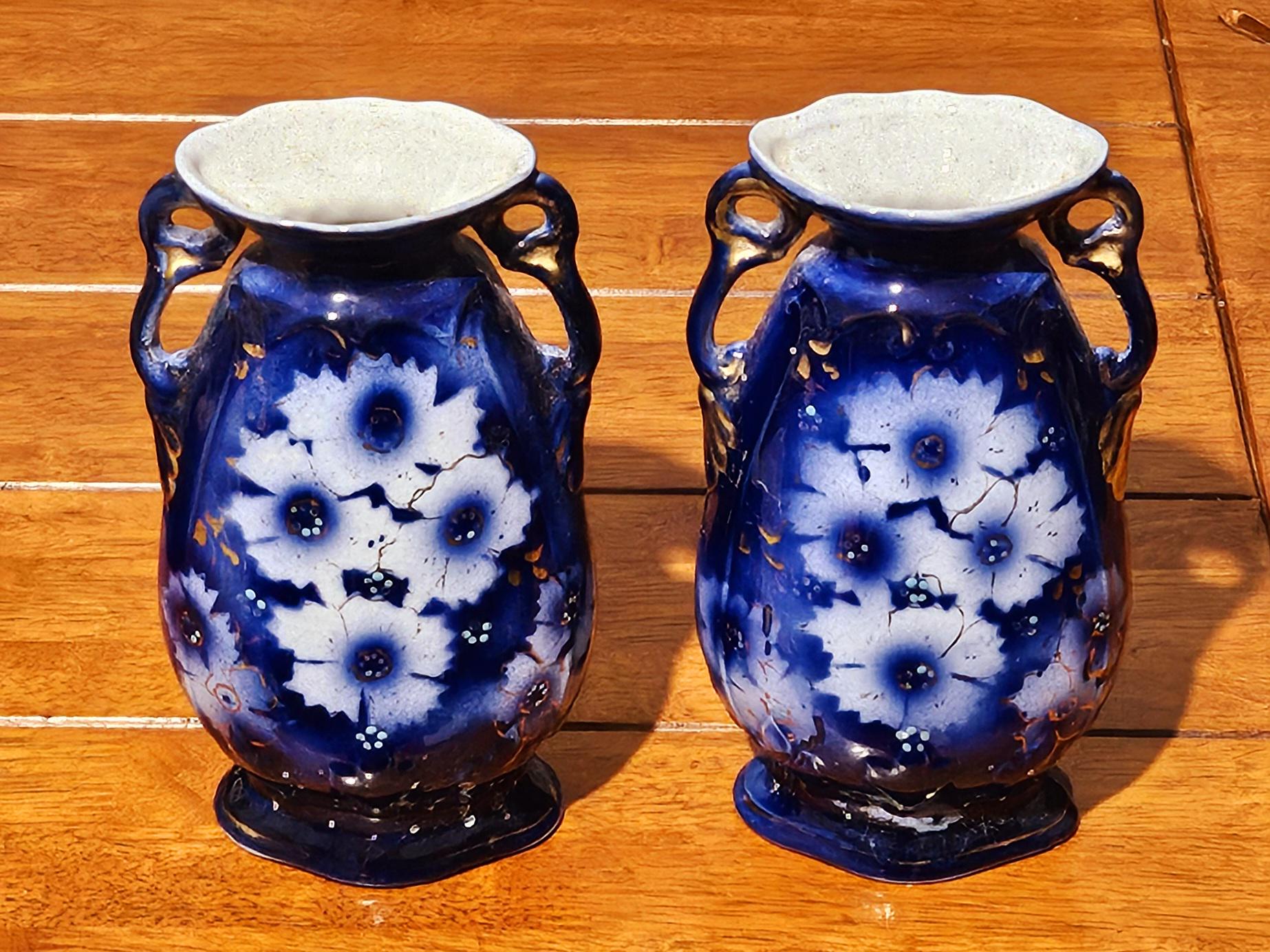 Antique Edwardian Cobalt Blue Floral Gold Gilded Twin Handled Vase
